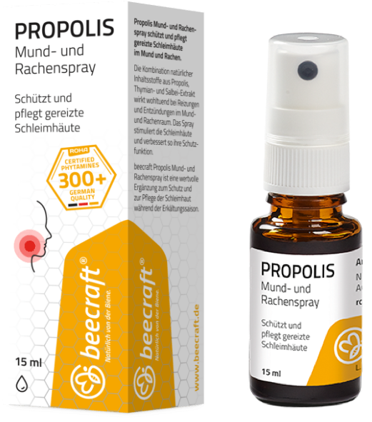 Das Propolis Mund- und Rachenspray von beecraft® wirkt bei Reizungen oder Entzündungen im Mund- und Rachenraum wohltuend